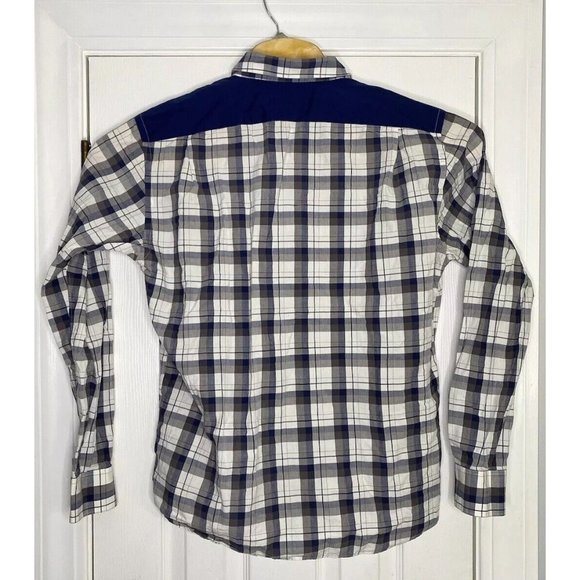 Simon Spurr Mens Double Breasted Button Front Shirt Blue White Brown Plaid Large - Picture 7 of 8